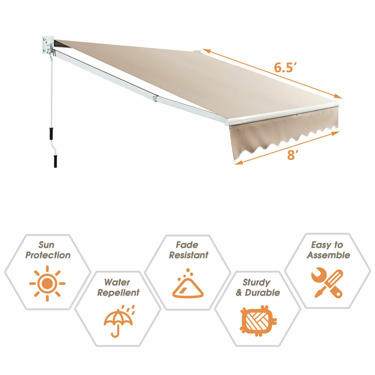 Details about   8'×6.5'Retractable Awning Aluminum Patio Sun Shade w/Crank Handle Water-Resistan